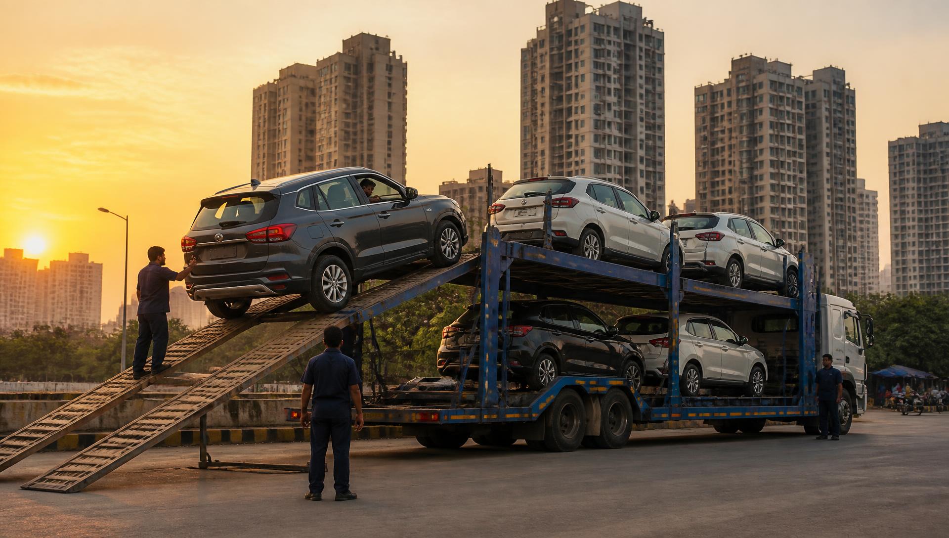 Mukesh Car Career crew loading a vehicle onto a transport trailer in Gurgaon
